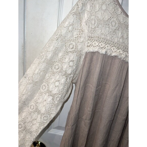 Umgee Top Womens L Lace Accents Fringe Tan Open Back Shirt Boho Blouse peasant - Picture 3 of 10